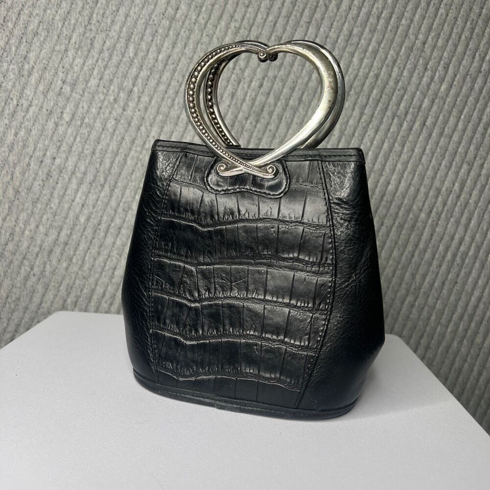 Vintage BRIGHTON Corazon Black Croc Embossed Silver Heart Handle Bucket Purse